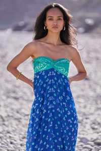 VESTIDO DRAPEADO BANDHANI, hombros descubiertos, tonos ricos, tejido azul profundo Aqua, respetuoso con el medio ambiente, detalle de nudo lavable, patrones arquitectónicos superiores - Product Image 4