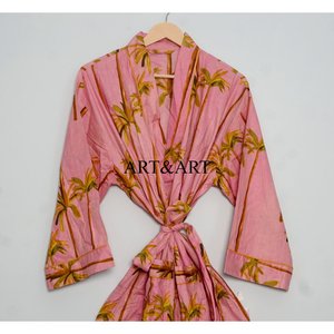 Bata Kimono de Algodón 100% con Estampado Floral, Suave y Cómoda, Maxi Túnica Oversize para Baño, Vestido, Abrigo, Ropa de Playa de Verano - Product Image 3