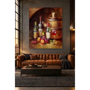 Impresión en lienzo de Fida con botellas y uvas frente a un barril de vino - Product Image 1