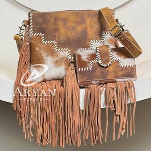 New High Quality Hand-Stitch Leather Cowhide Fringe Crossbody <b>Bags</b> & Genuine Cowhide Leather Bifold Wallet Set 2 Pcs for Women's - Product Image 1