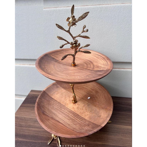 Advantageous Design Home Table Top <b>Wooden</b> <b>Cake</b> <b>Stand</b> 2 Tiers <b>Wooden</b> <b>Cake</b> Serving <b>Stand</b> With Metal Leaf Design <b>Stand</b> for Hot Sale - Product Image 1