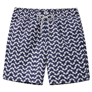 Shorts de bain recyclés pour hommes, imprimé géométrique bleu, séchage rapide, vêtements de plage avec taille élastique, poches à cordon - Product Image 1