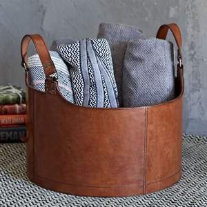 Multi-Use Leather <b>Storage</b> Basket with Handles Large Leather Organizer Gift Basket for Gym Picnic Home <b>Storage</b> <b>Organisation</b> - Product Image 4
