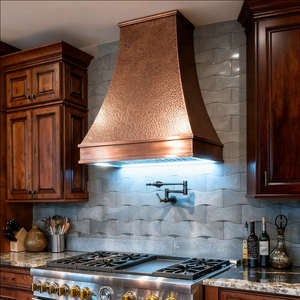 Bespoke Hand Hammered Copper Range Hood Wall Mount <strong>Bell</strong> Shape French Country Style Custom Patina Straps Rivets - Product Image 6
