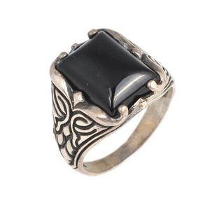 925 Sterling Silver Men's <b>Ring</b> Natural Onyx Stone Rectangular Geometric Pattern Hip Hop Style Platinum Fine for Everyday Wear - Product Image 2
