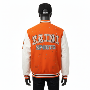 Veste universitaire en laine mélangée de qualité supérieure 450 GSM, panneaux orange et blanc avec broderie en chenille personnalisée, veste universitaire pour hommes - Product Image 5