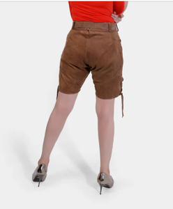 กางเกงขาสั้นหนังแพะแท้แท้แท้ของผู้หญิงหนังนิ่มแบบหนังเรียบมีกระเป๋าด้านหน้าปักลาย - Product Image 6