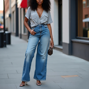 OEM bouton vers le bas Denim Jeans pantalons empilés Denim surdimensionné extérieur Stone Wash longueur poches latérales Jeans Denim Flare pantalon dames - Product Image 6