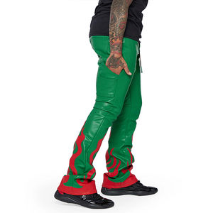 Haute qualité personnalisé hommes pantalons droite incurvé rayé en cuir empilé pantalon hommes véritable taille haute en cuir vert couleur pantalon 2025 - Product Image 6