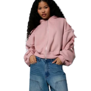 เสื้อมีฮู้ดแบบรูดซิปสีพื้นผ้าฝ้าย100% โอเวอร์ไซส์สำหรับผู้หญิงดีไซน์ตัดและสายรัด - Product Image 1