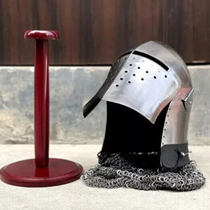 หมวกกันน็อคแบบฐานตั้งยุคกลางโบราณพร้อมโซ่เมล aventail เกราะเหล็กอ่อนขาตั้งจัดแสดงทำจากไม้สำหรับเก็บสะสม - Product Image 2