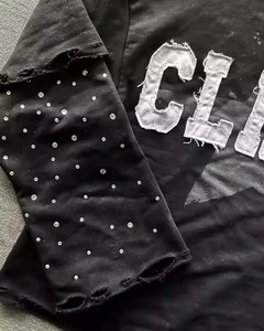 เสื้อยืดแขนยาวผ้าฝ้ายบ็อกซี่พลอยเทียมสำหรับผู้ชายเสื้อปักลายแบบซักได้ - Product Image 3