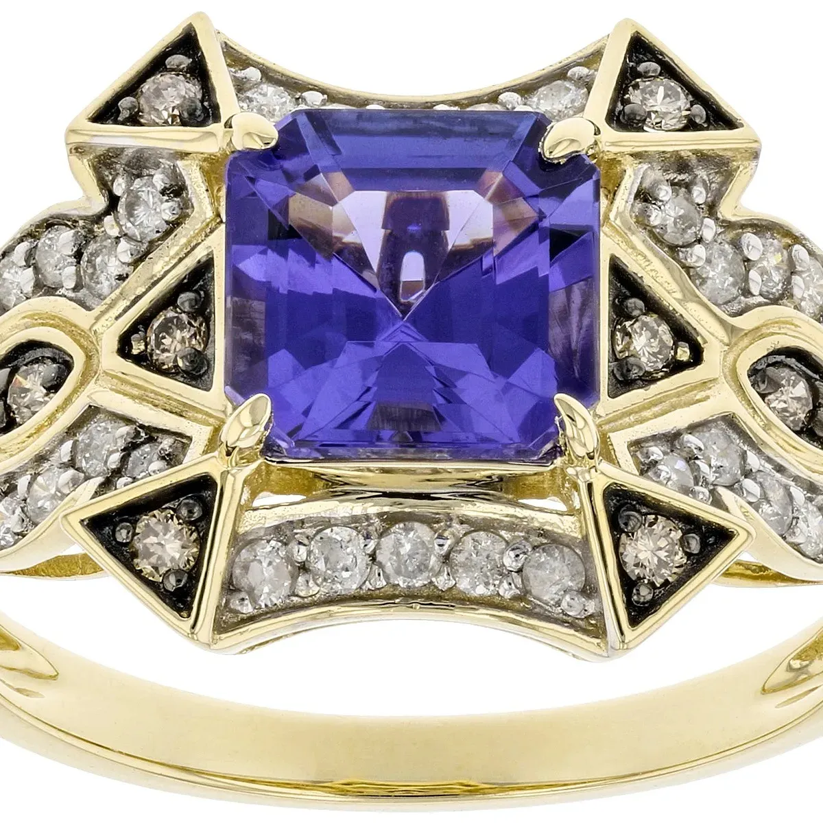 Bague de conception centrale en or jaune 14 carats avec diamants tanzanite, blancs et champagne | Bijoux fins élégants | Bague artisanale exquise