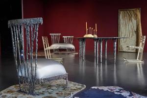 Table Oste Table de salle à manger moderne irrégulière en béton avec pieds en métal uniques Mobilier contemporain Salon Cuisine Restaurant - Product Image 3