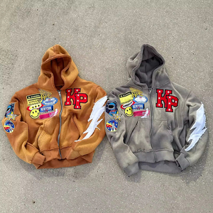 하이 퀄리티 ODM 후드 자수 패치 주문을 받아서 만들어진 좋은 품질 남성 스톤 워시 지퍼 까마귀 Destress 후드 남성용 - Product Image 3