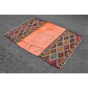 Traditional Turkish Rug 3.8 X 5.3 Orange <b>Brown</b> Handmade Patchwork Design Viscose <b>Wool</b> Latex for Teen Bedside Hallway 3.8 X 5.3 - Product Image 2