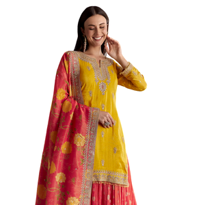 Conjunto de Kurta de tejido amarillo con Zari Palazzo y Dupatta floral, venta al por mayor de ropa étnica para mujer, atuendo personalizado de fábrica de ropa OEM - Product Image 2