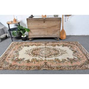 Vintage 3.8 X 7ft Beige Brown Wool <b>Rug</b> Handmade Turkish Classic Style with Patchwork Design Latex Backing for <b>Bedside</b> Use - Product Image 1