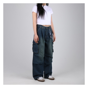 Pantalones vaqueros de Mujer K-Fashion Unisex Paracaídas Cargo Wide Fit Plisado Denim 2COLOR Oversize Cómodo Casual Streetwear Bottoms - Product Image 5