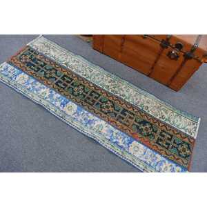 Alfombra Turca de 2.2x5.9 pies, Alfombra Marroquí Vintage de Lana, Diseño de Patchwork Ecológico con Respaldo de Látex, Alfombra Tradicional Azul - Product Image 4