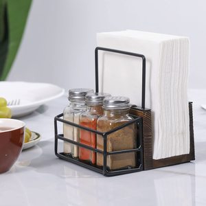 Caddy de mesa, servilletero de madera marrón y alambre de metal negro con 3 condimentos de vidrio/Salero y pimentero - Product Image 3