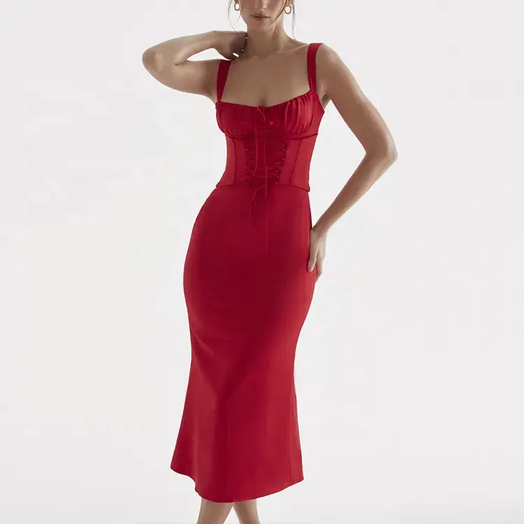 高品質ノースリーブレッドドレスウエストタイトミッドレングス女性セクシードレス