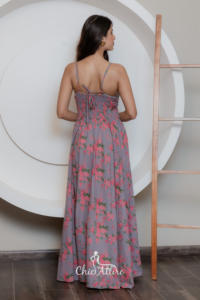 Elegante vestido de noche largo con estampado floral para damas cuello Halter bordado acampanado Georgette estampado completo cuello barco - Product Image 6