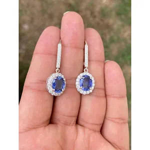 ต่างหูเงินแท้ 925 รูปวงรีประดับแทนซาไนต์ ดีไซน์ทันสมัย สวยงาม - Product Image 2
