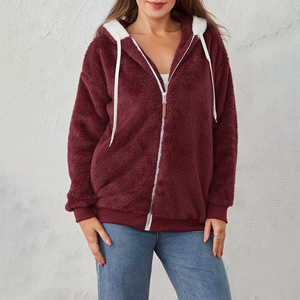 <b>Women's</b> Burgundy Zip up <b>Hoodie</b> Fuzzy Sherpa Plush Fleece Polyester Jacket with <b>White</b> Drawstrings Drop Shoulder 400g Winter - Product Image 1
