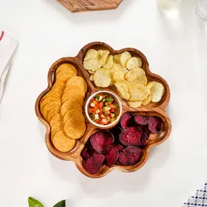 Bandeja para servir de madera de acacia con 4 secciones y cuenco de inmersión de cerámica Plato de aperitivo de madera hecho a mano Plato para servir aperitivos para fiestas - Product Image 2