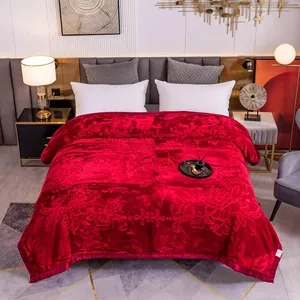 Cheap Wholesale Bulk Popular Fleece Full Size Flannel Mink Lap Soft Throw Red Embossed Floral Blanket For Bed