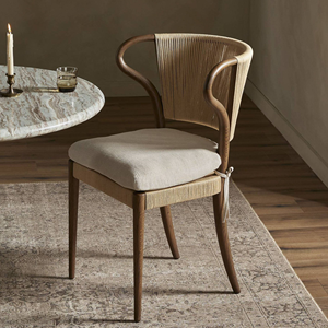 Chaise de salle à manger en bois massif avec accoudoirs incurvés et dossier en corde tressée, siège rembourré pour café et hôtel - Product Image 6
