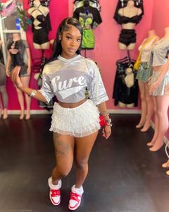 Letter Printed Mesh Y2K T-Shirts V-Neck Short Sleeve Loose <b>Crop</b> <b>Top</b> Femme Women Hot Selling Graphic Tee - Product Image 6