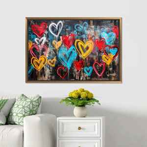 Tableau sur toile imprimé Graffiti Cœurs Élégants : Design coloré et vibrant, encadrement doré - Product Image 1