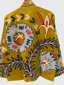 Veste en velours brodée à la main avec des motifs floraux, manches longues, col mandarin, taille plus, vêtements d'automne pour femmes - Product Image 5