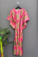 Robe de plage longue rose en coton imprimé tigre fait à la main pour femmes, Kaftan, robe d'été