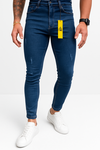 Jeans droits extensibles slim pour hommes, taille mi-haute, en denim coloré délavé et vieilli, style vintage, pour un look décontracté et tendance. - Product Image 2