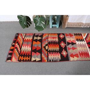 Turkish 2.1x9.8 ft Rug, <b>Runner</b> Vintage Rug, <b>Red</b> Orange Check Rug - Product Image 5