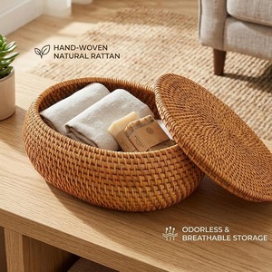 Boîte de rangement multifonctionnelle moderne en rotin naturel ovale Artex Green Earth, écologique, avec couvercle - Product Image 4