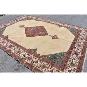 พรมตุรกีวินเทจ ขนาด 9.1x12.6 ฟุต สีเบจ-น้ำเงิน ลายต้นไม้และพืช พรมทำจากขนสัตว์ - Product Image 4