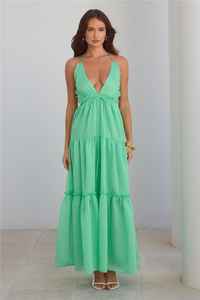 Venta caliente sin espalda largo Maxi para mujeres bohemio señoras ajuste holgado 100% tela de rayón encaje escalonado Floral señoras vestido liso - Product Image 6