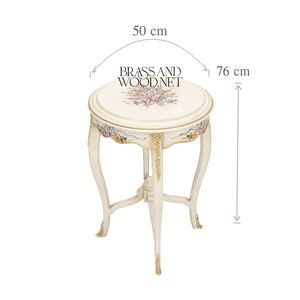 Mesa Auxiliar Redonda de Lujo Color Crema con Ramo Floral Pintado a Mano y Detalles en Latón Dorado para Decoración de Esquinas en Hogares Neoclásicos - Product Image 5