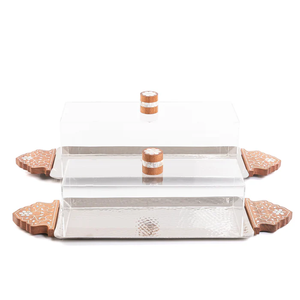 Plateau de service à dessert en aluminium martelé de forme rectangulaire avec poignées en bois et couvercle en acrylique ENSEMBLE DE 2 plateaux pour table de restaurant - Product Image 4