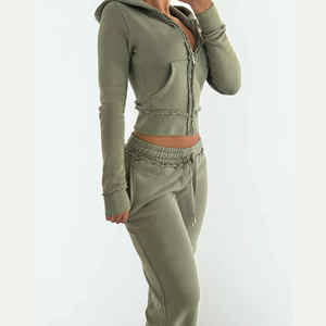 Sudaderas con capucha de alta calidad para mujer, chándal, Top corto de algodón con bolsillos, pantalones, conjunto de 2 piezas, chándal - Product Image 1