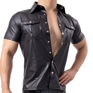 Camisas de Cuero para Hombre, Cuello Alto, Estilo Urbano, Ropa de Discoteca, Sexy, Aspecto Mojado, Camisetas con Botones - Product Image 1