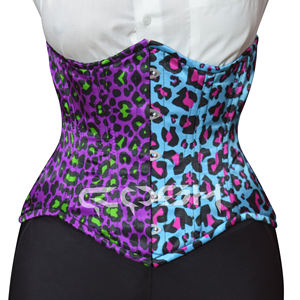 Corset sous-poitrine à baleines en acier imprimé léopard sauvage violet et bleu - Product Image 1