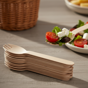 Cucharas-Tenedores Ecológicas de Madera de Abedul de 160 mm, Utensilios Desechables de Grado Alimenticio para Catering y Eventos - Product Image 3