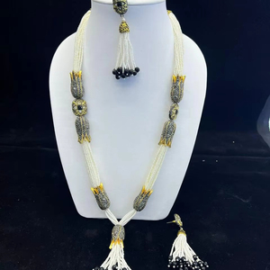 Royal Look White Pearl Long AD CZ Mala Collar Set Clásico Étnico para Niñas Mujeres para Boda Fiesta Compromiso Latón Clásico - Product Image 1