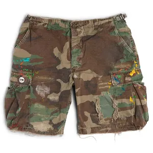 High street fashion elastic waist jean shorts men manufacturer custom logo distressed shorts denim camo shorts