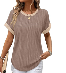 T-shirts pour femmes, coupe ample, manches courtes, col rond, blocs de couleur, hauts d'été, mode 2026 - Product Image 3